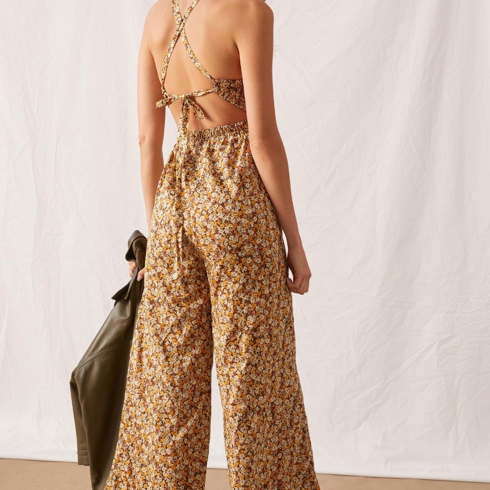 Faithfull the Brand Mustard Floral Back-Tie Jumpsuit